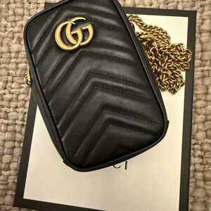 Gucci Black Chevron Crossbody Bag with Gold Accents